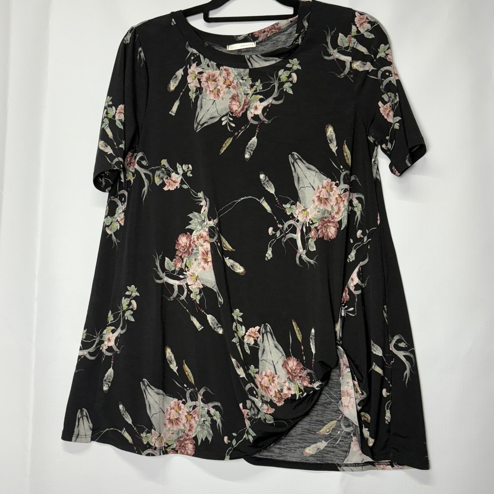 Emetla‎ Black Floral Skull Bohemian Tunic Top Short Sleeve Medium Western Hippie